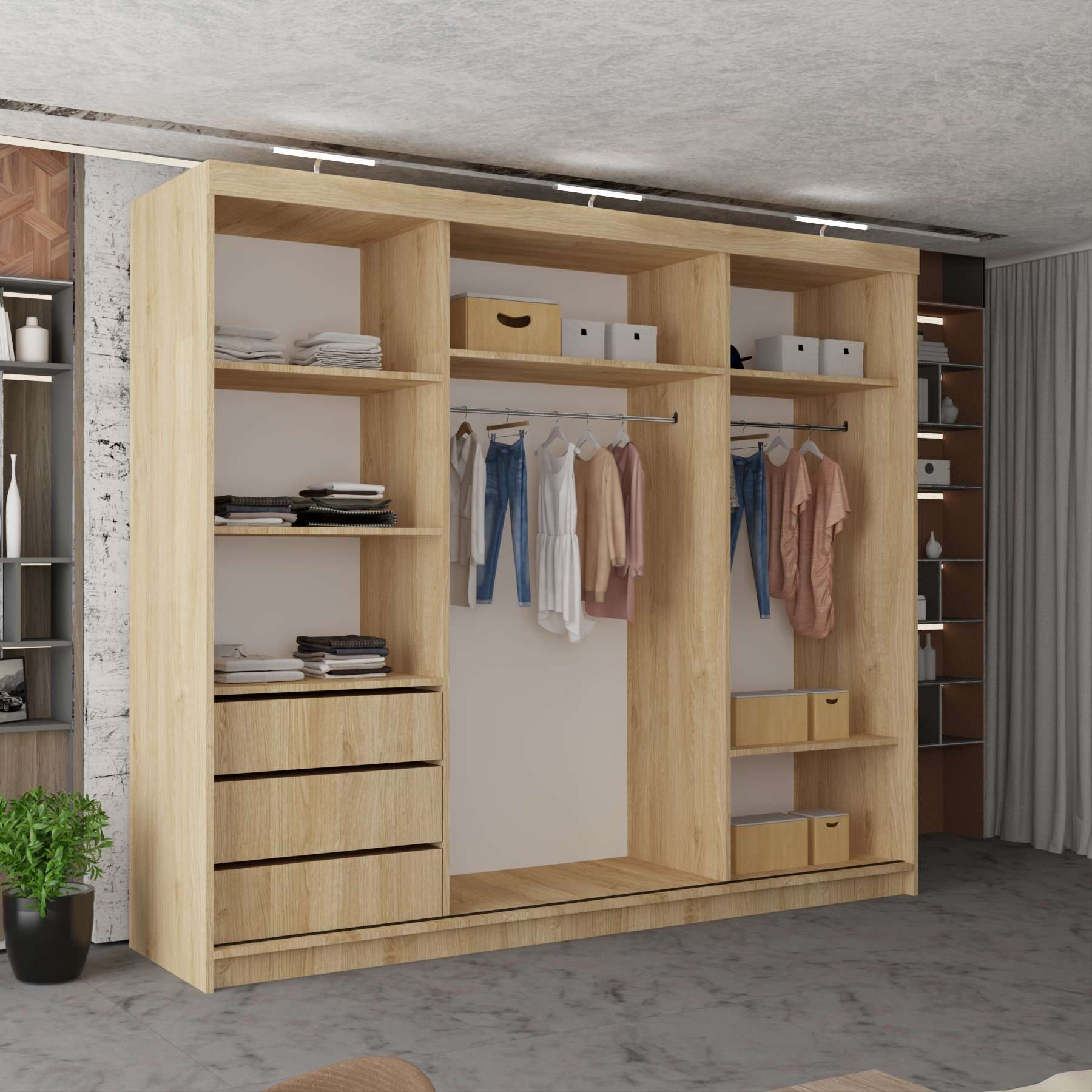 3 Door Miami oak Sliding Door inside