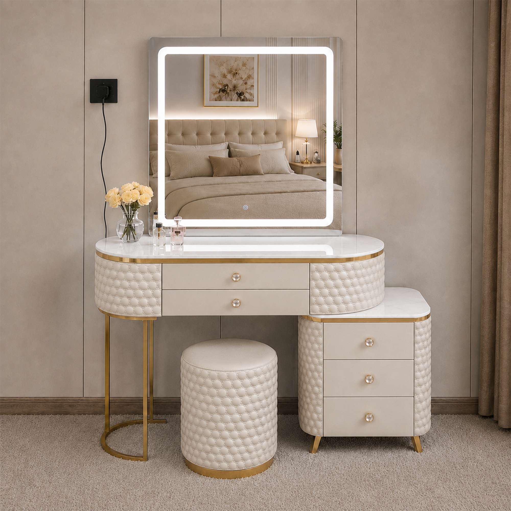 Beige Dressing Table Square Mirror Front View_
