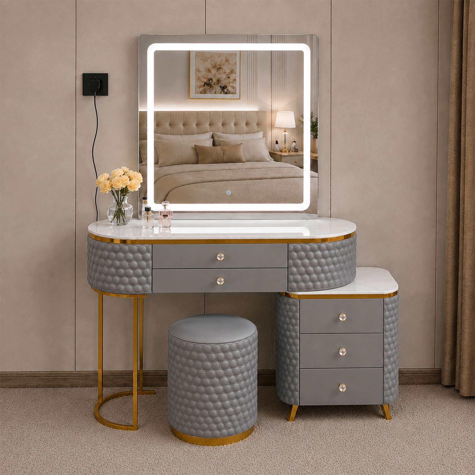 Grey Dressing Table Square Mirror Front View_