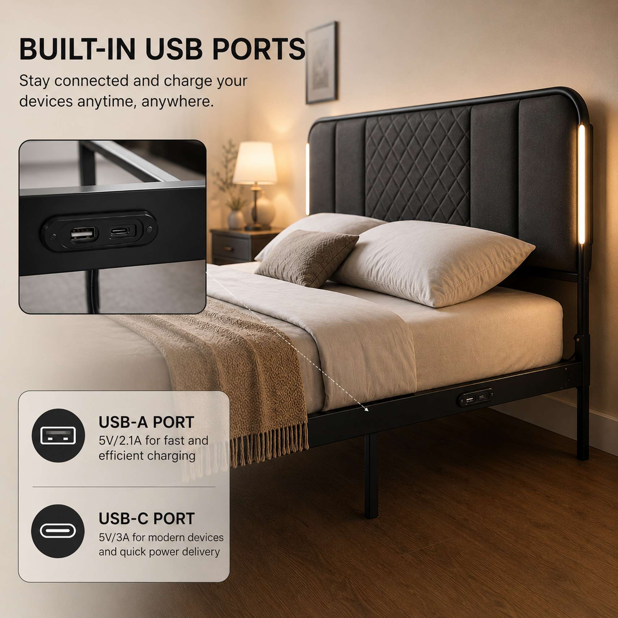 LED Bed Frame USB C type_