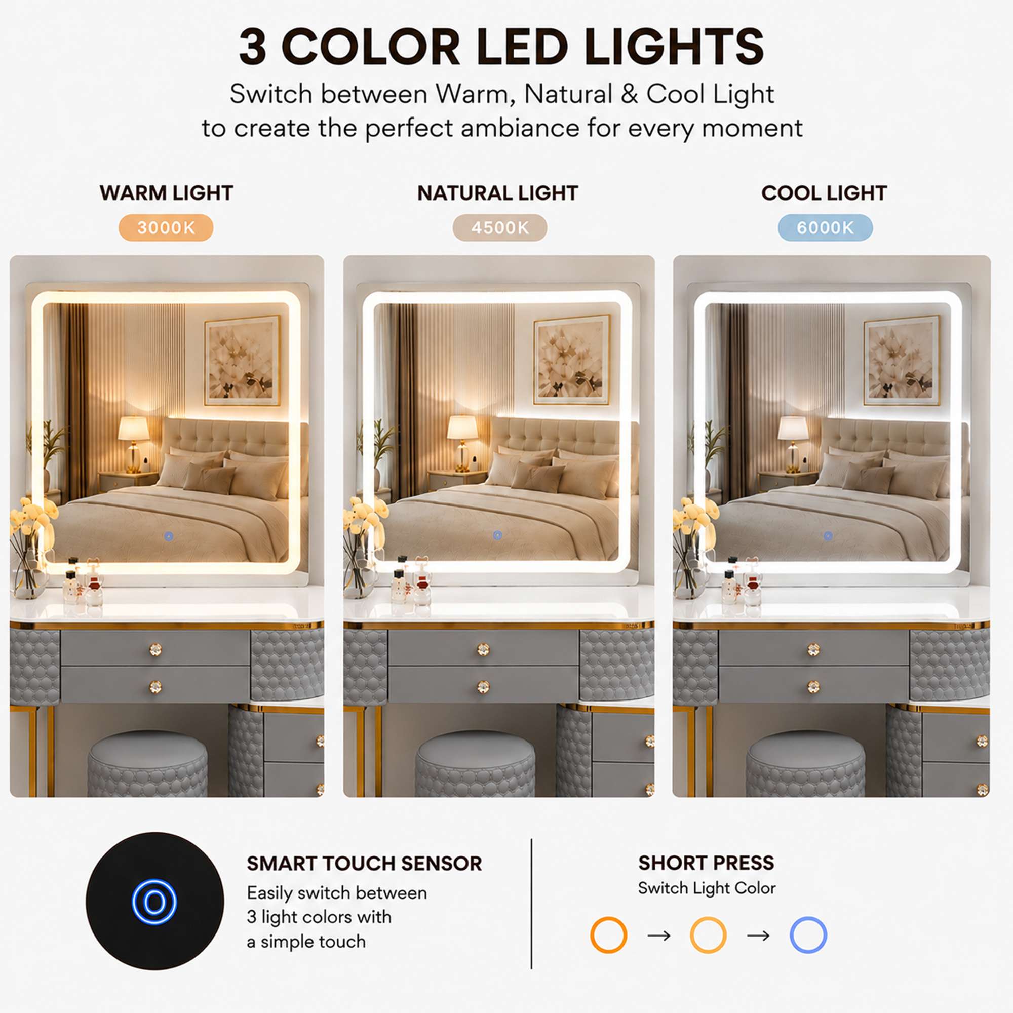 Mirror Lights 3 Options Grey
