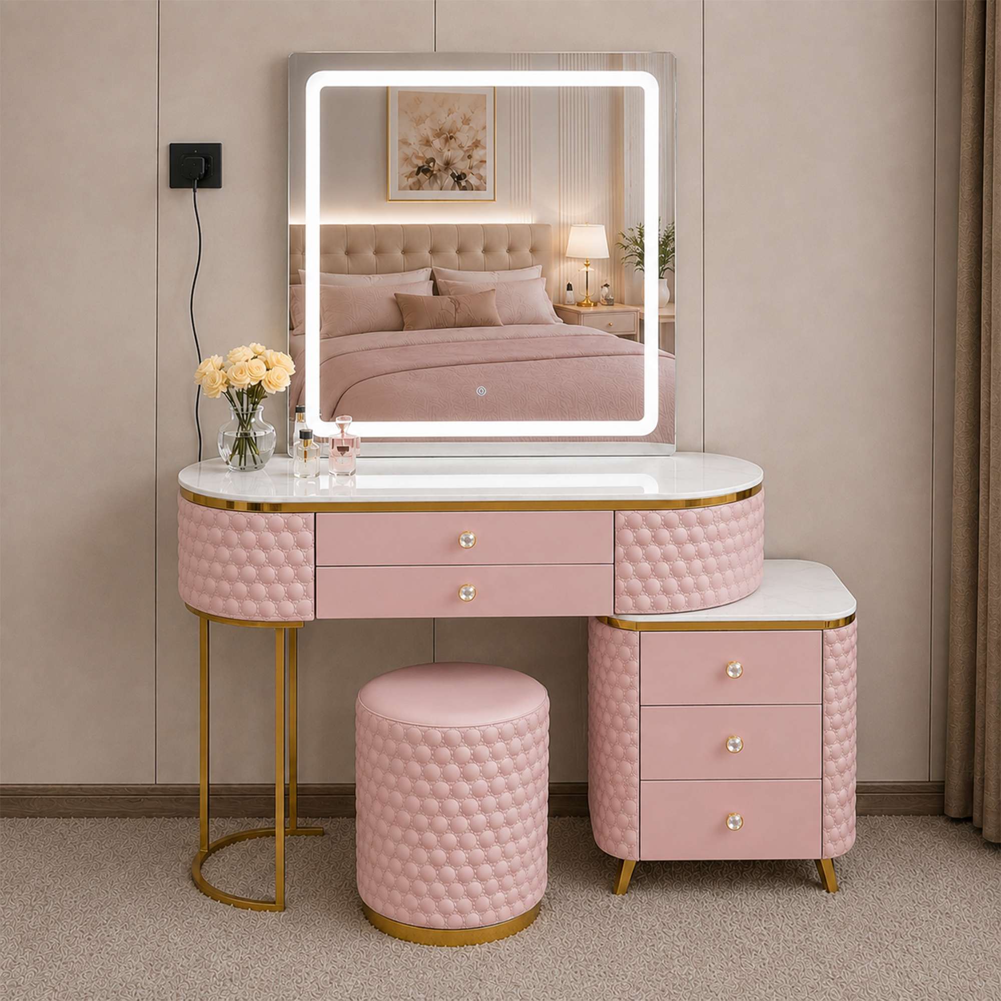 Pink Dressing Table Square Mirror Front View_