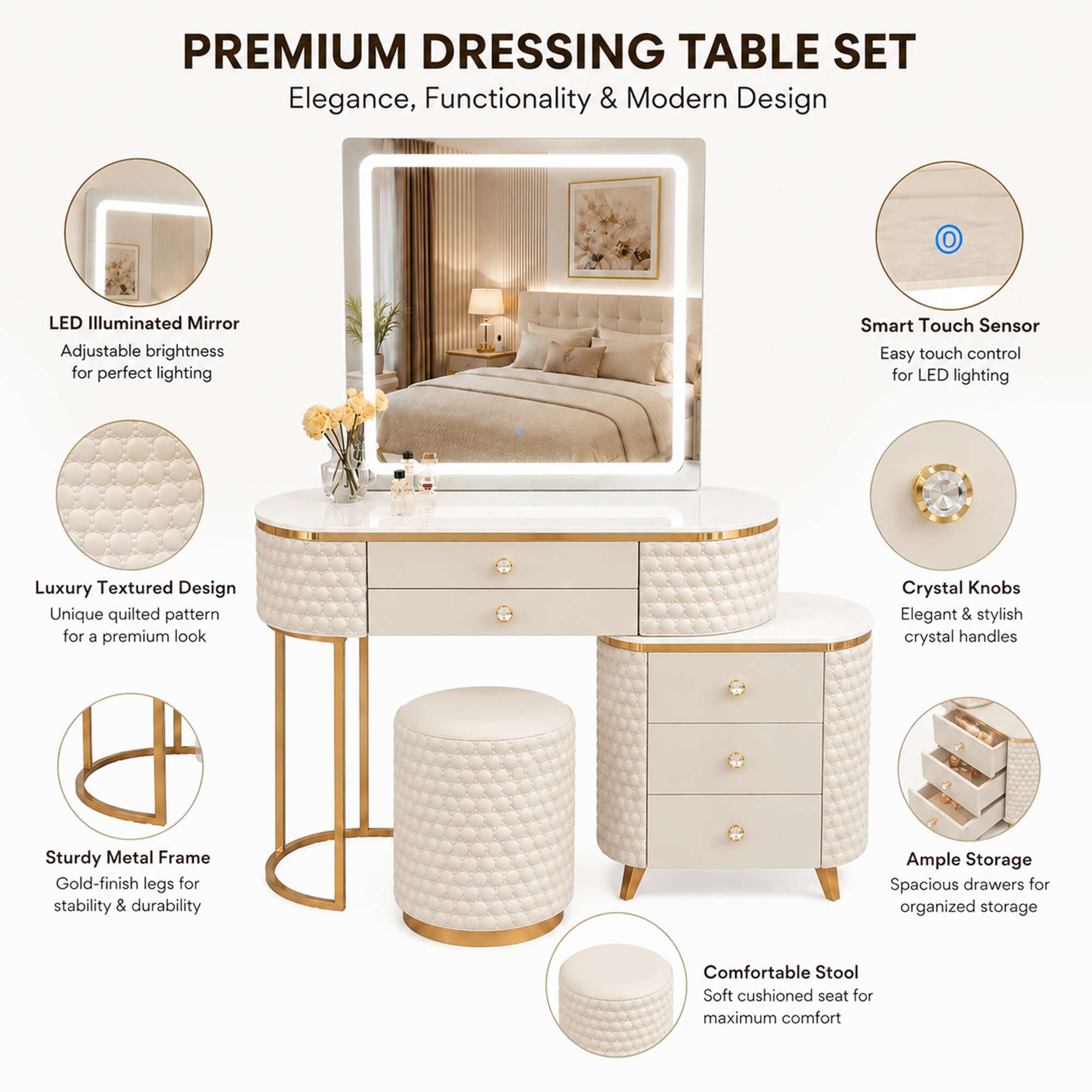 Square Mirror Dressing Table Features Beige
