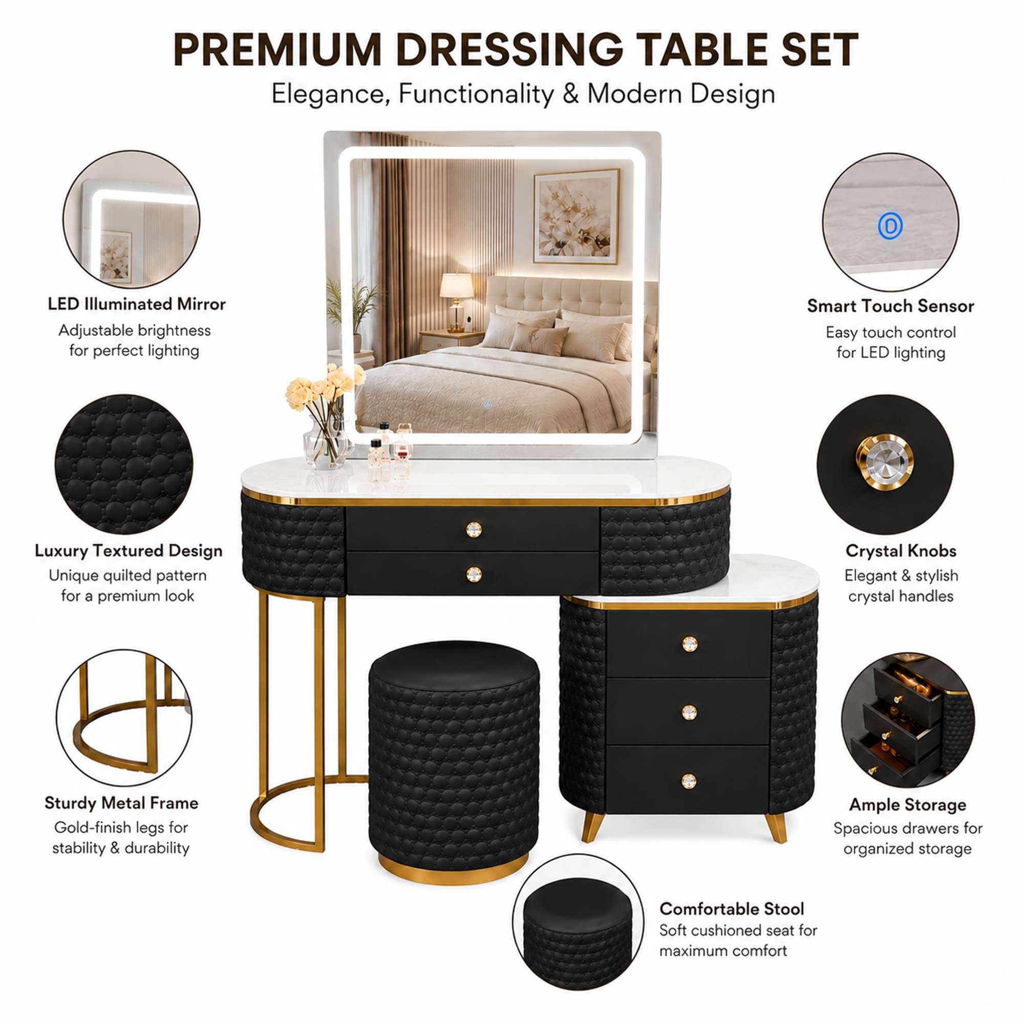Square Mirror Dressing Table Features Black_