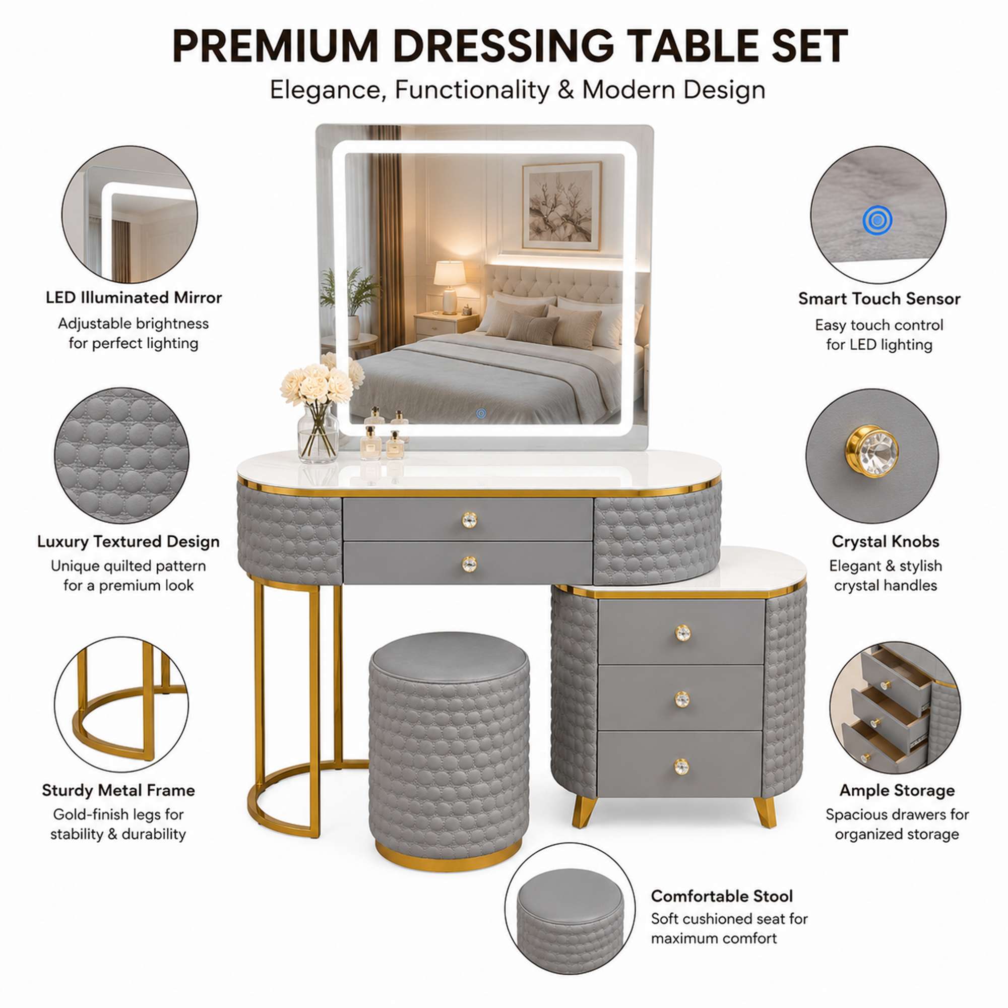 Square Mirror Dressing Table Features Grey