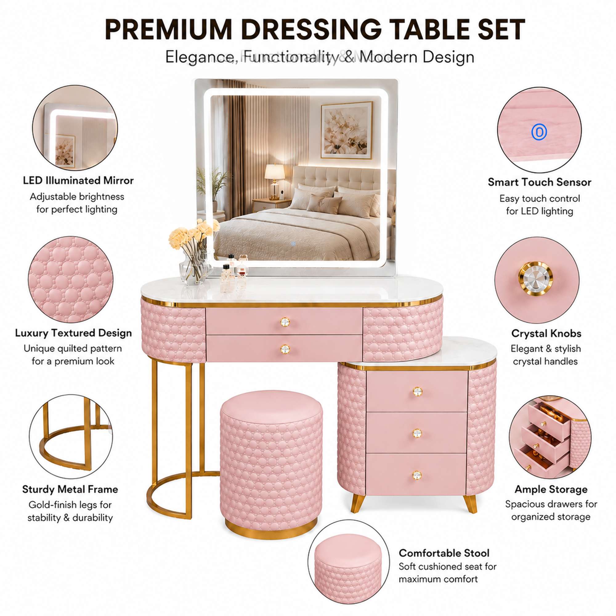 Square Mirror Dressing Table Features Pink